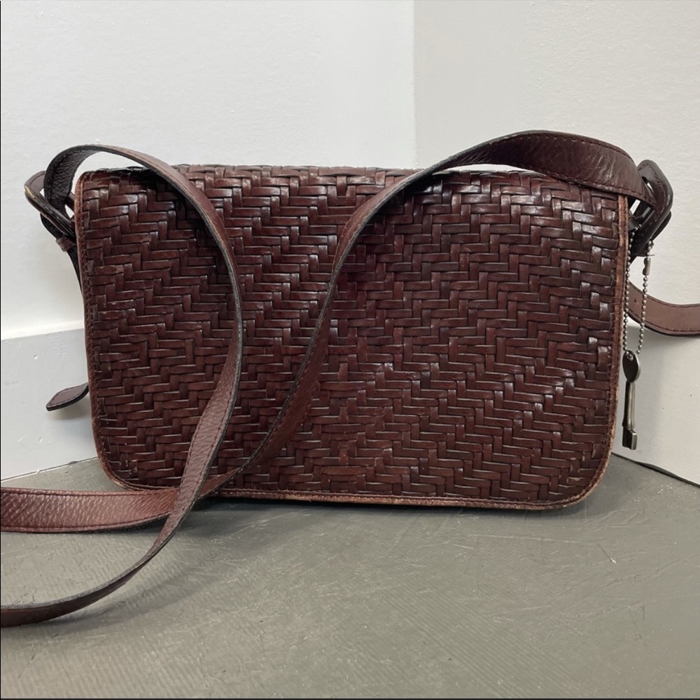 Fossil Brown Leather Braided Adjustable Crossbody Rectangle Bag Purse Key Charm